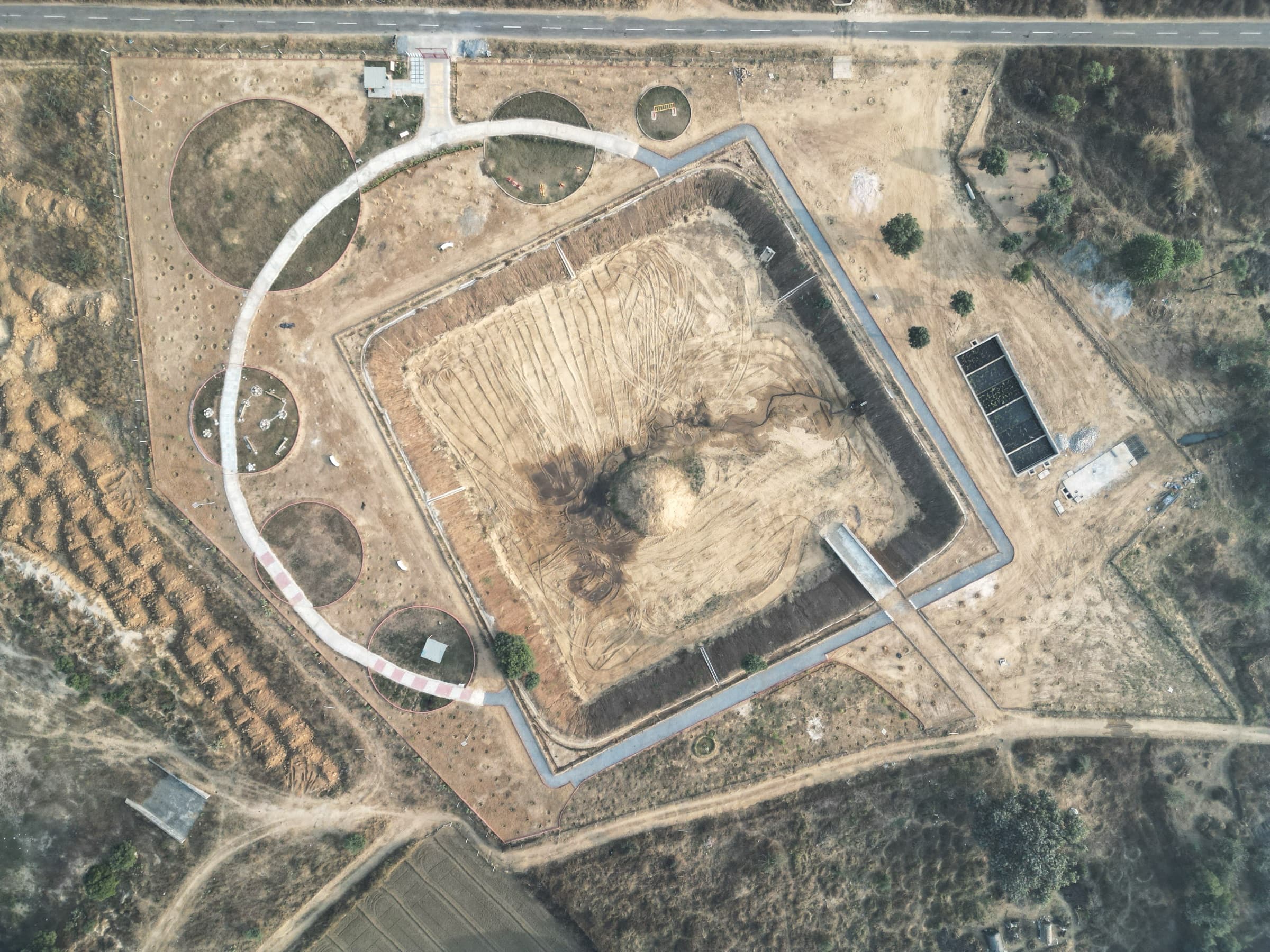 Aerial view of the Triveni pond bed at Bhokarka during restoration works