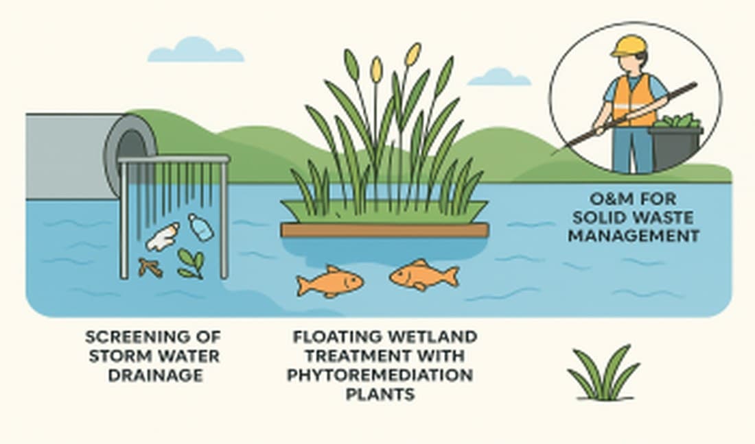 Treatment scheme: screening of stormwater drainage, floating wetland treatment with phytoremediation plants, and O&M for solid waste management