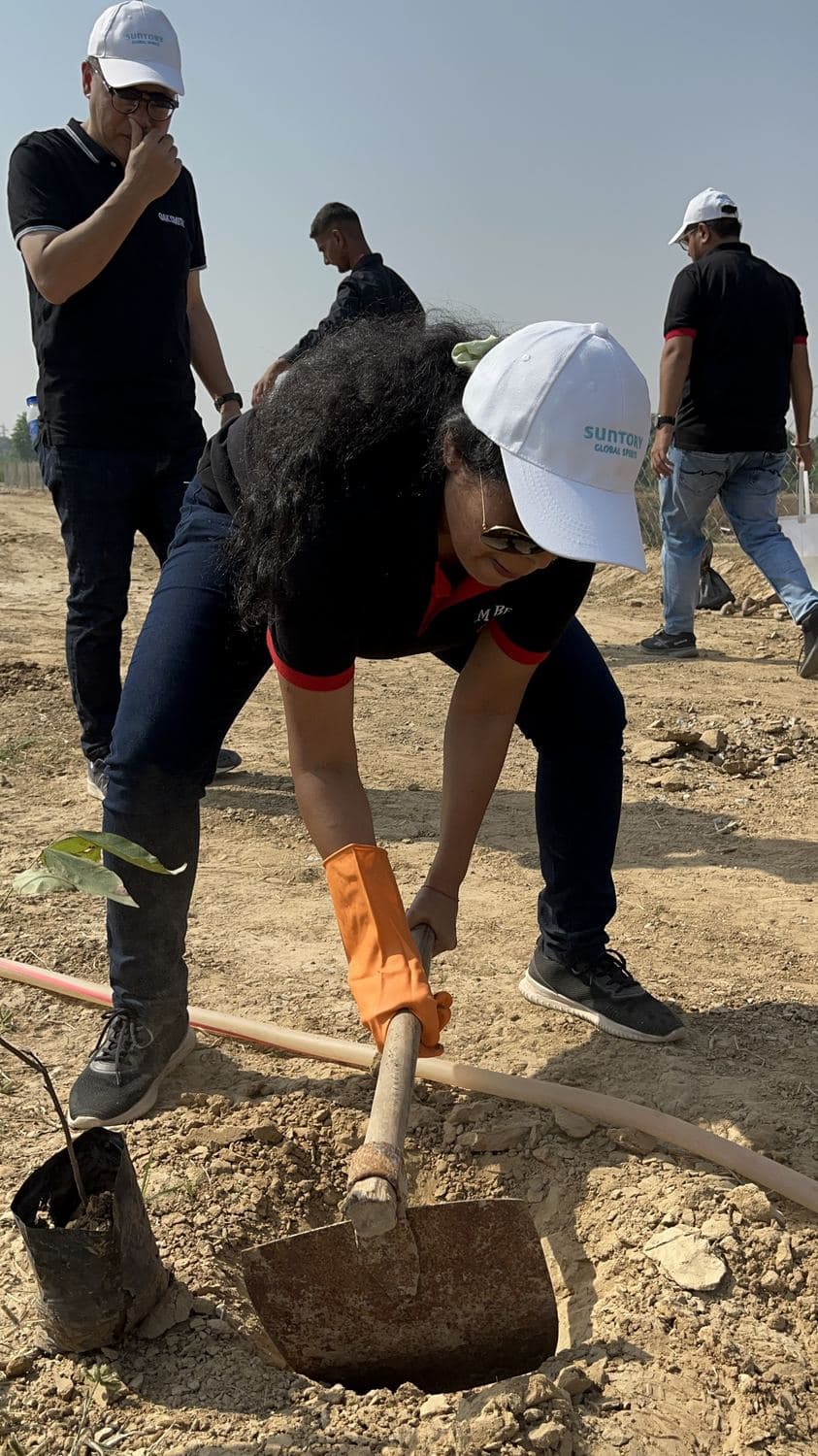 An Employee Volunteer Program participant planting a sapling at the site